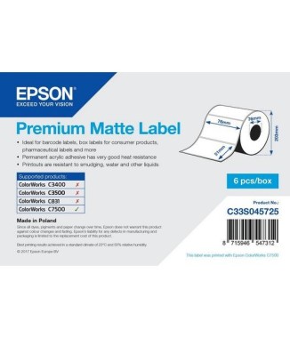 Rouleau de 2310 étiquettes adhésives prédécoupées en papier Premium Mat 76 x 51 mm pour imprimantes Epson ColorWorks