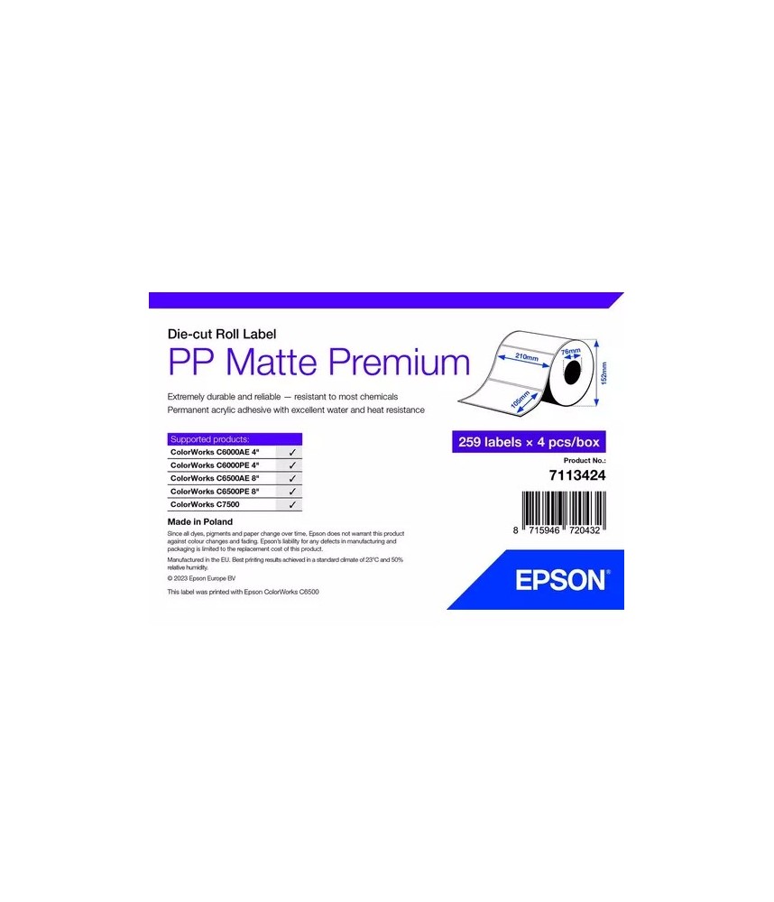 Rouleau d'étiquettes PP (polypropylène synthétique) premium mat 210x105 mm Epson ColorWorks 7113424