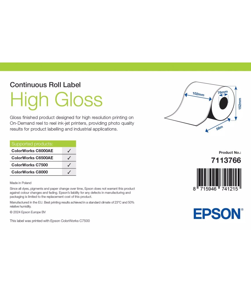 Papier Brillant Adhésif Continu 102mm Epson ColorWorks | AES Label