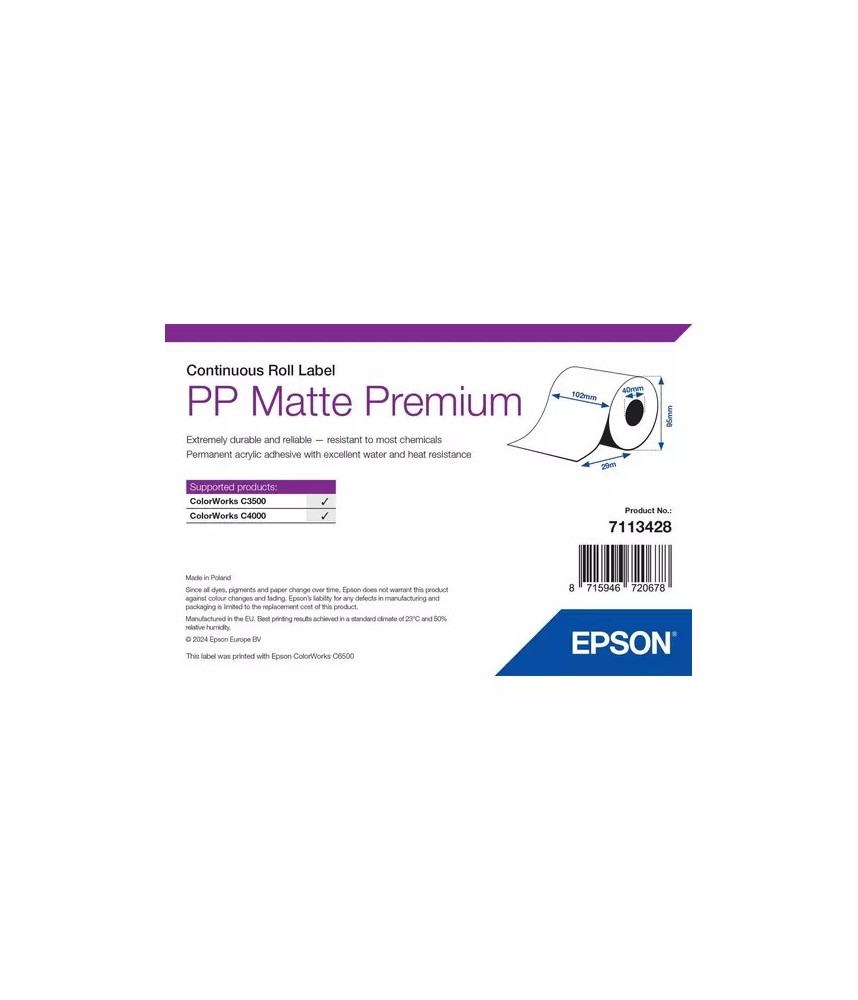 Rouleau continu en PP (polypropylène synthétique) premium mat 105mm x 29m Epson 7113704